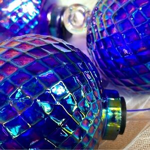 ❤️4 VINTAGE ART GLASS Iridescent Blue Glass HUMMINGBIRD FEEDERS